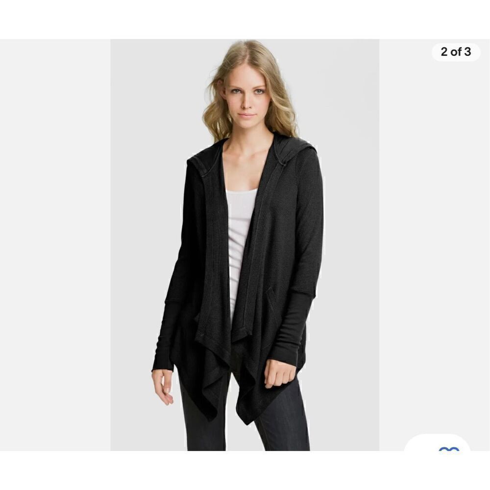 Splendid S Black Waffle Knit Thermal Hooded Cardigan
